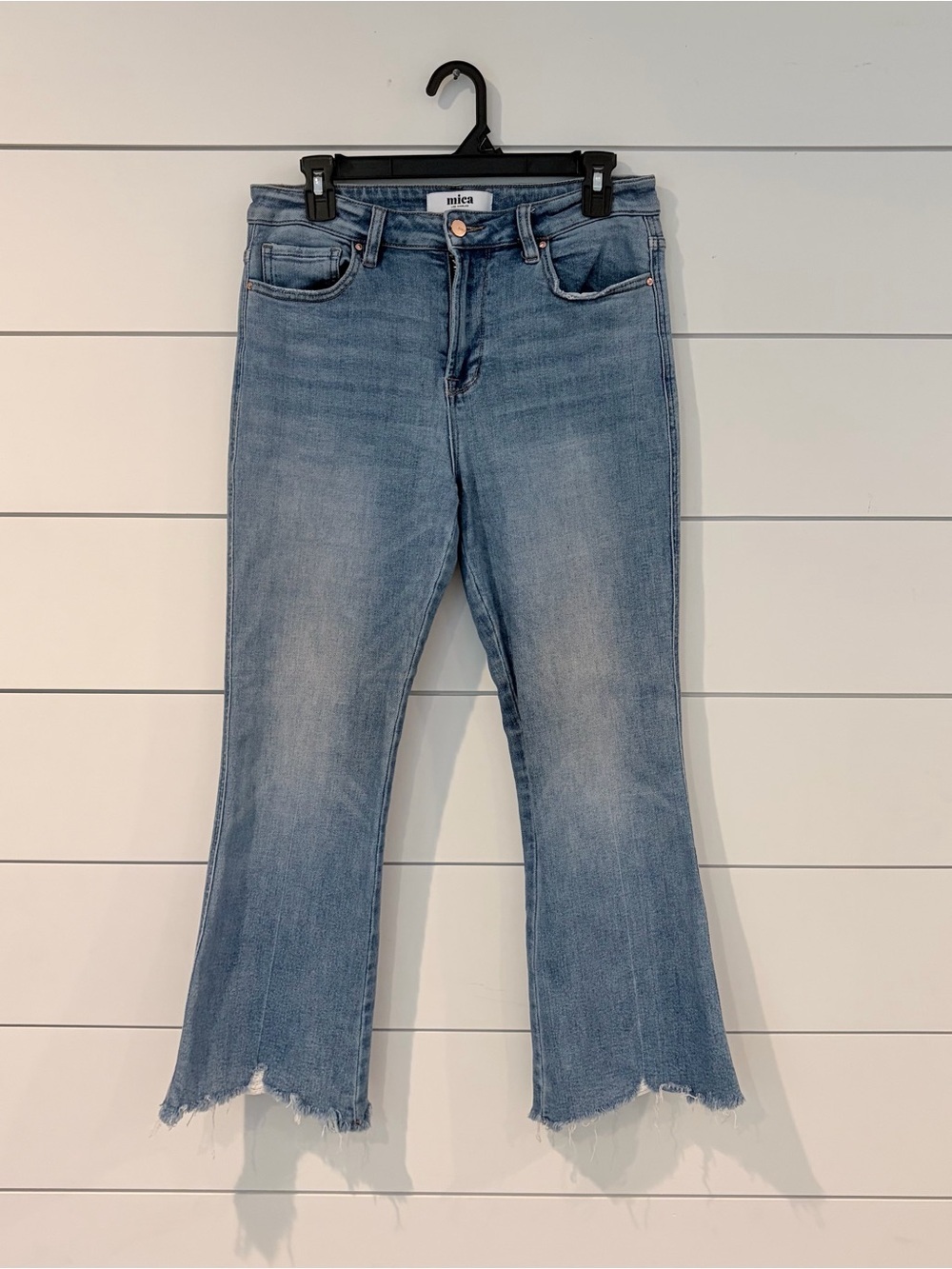 Mica Los Angeles Cropped Flare Jeans Raw Hem Light Wash Coastal Core 29